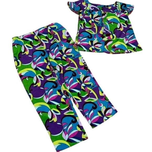 Colorful Womens 2-Piece Outfit With Abstract Print - Short-Sleeve Top & Elastic - Picture 1 of 10